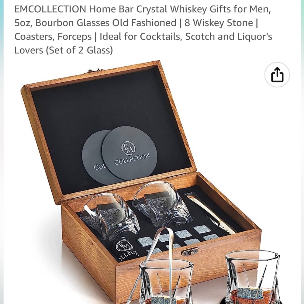NWT Whiskey Crystal Home Bar Gift Box: Glasses, Stones, Coasters, Forceps & Box